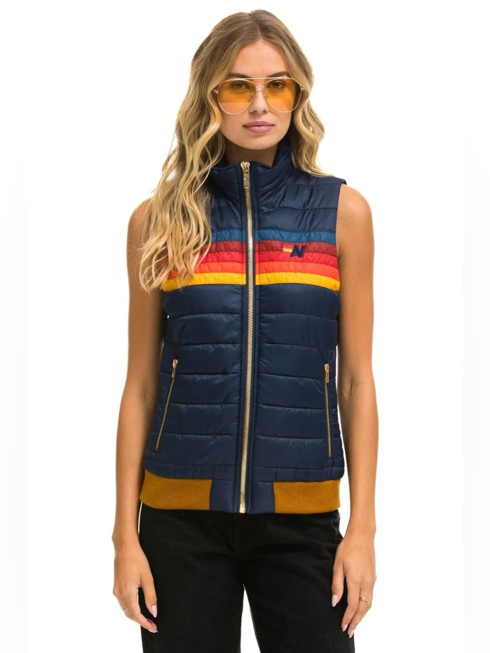 Navy Puffer Vest with Rainbow Stripes - Cozy Layering - Picture 5 of 6